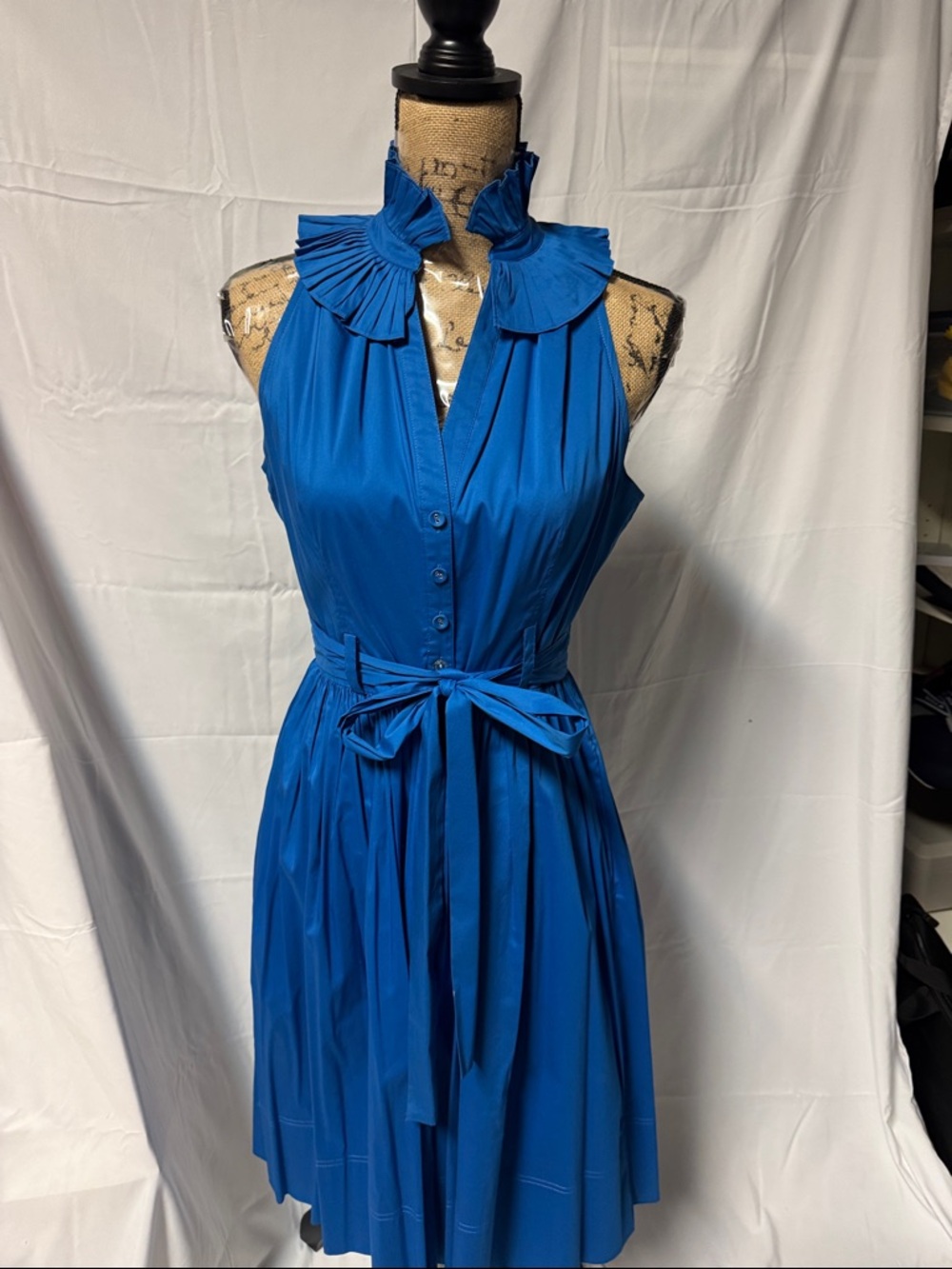 Maggie London Blue Sleeveless Ruffle Collar Belted Dress